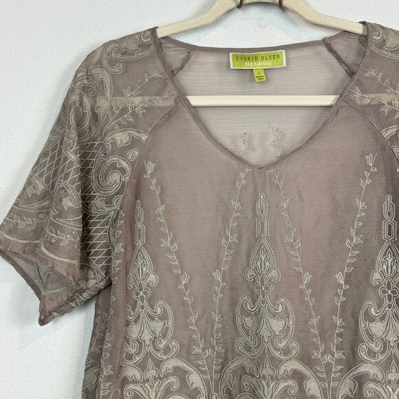 Sigrid Olsen Signature Beige Embroidered Sheer Top S - Picture 2 of 8